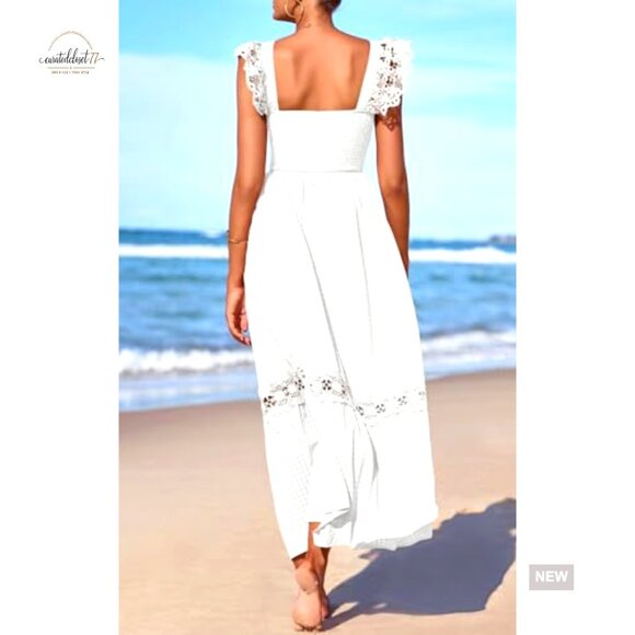 Smocked Maxi Dress with Pockets, Square Neck, Lace Detail, Flowy Summer Sundress - Picture 5 of 7